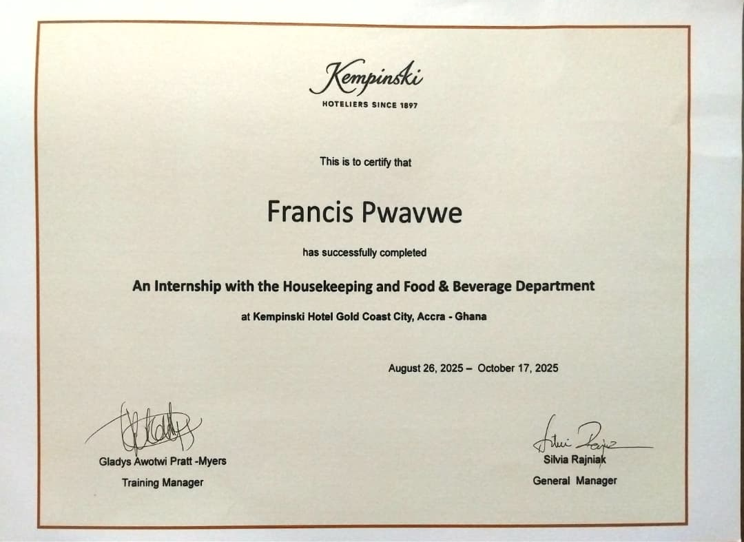 Kempinski Hotel Gold Coast City Internship Certificate
